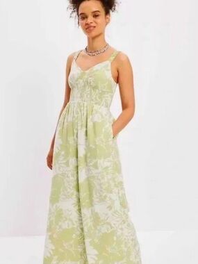 American Eagle M Tropical Floral Cut Out Open Back Jumpsuit Wide Leg Smocked